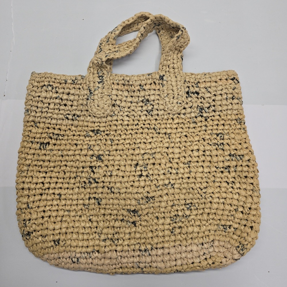 Unbranded Tan Woven Plastic Crochet Tote Bag Market Beach Boho Handbag Neutral
